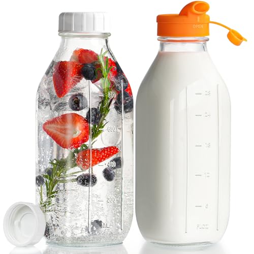 32 oz Glass Milk Bottles with Lid & Silicone Dispenser Cap, 2 Pack | Airtight Screw Lid, Leak-proof Design, Scale Markings for Breastmilk Storage, BPA-free Glass, Reusable, Fridge-safe