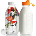 32 oz Glass Milk Bottles with Lid & Silicone Dispenser Cap, 2 Pack | Airtight Screw Lid, Leak-proof Design, Scale Markings for Breastmilk Storage, BPA-free Glass, Reusable, Fridge-safe