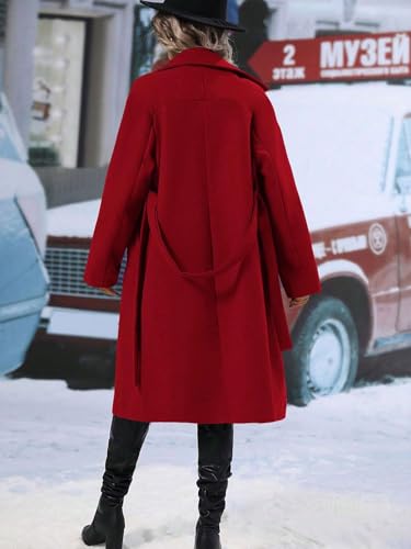 utcoco Womens Long Wool Pea Coat Notched Lapel Double Breasted Trench Coat Winter Warm Overcoat with Belt - color: Red, size: Large