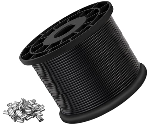 Vinyl Coated Wire Rope 304 Stainless Steel Coated Wire Cable-Black, 1/16" OD to 3/32" x 1000FT, with 300 Pcs Crimping Sleeves-Cable for String Lights, Suitable for Clotheslines - size: 1000FT