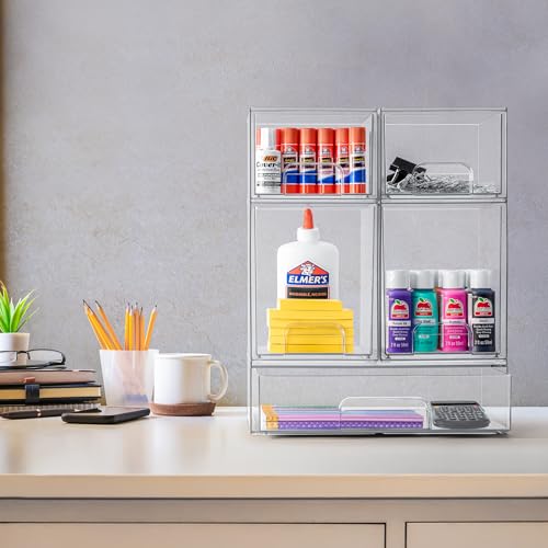 Sorbus Clear Stackable Storage Drawers (4 Pack, 4.4'' Tall) | Acrylic containers with pull-out bins keep cosmetics, brushes and daily items sorted on bathroom counters or in cabinets. - size: 4 Pack, 4.4’’ Tall
