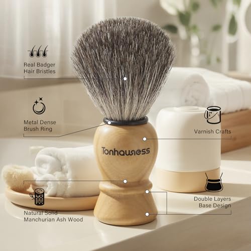 Badger Hair Shaving Brush With Wood Handle, Goat Milk Shaving Soap, Dual-ring Base Stainless Steel Shaving Stand Holder and 3 Layers Shaving Bowl for Men's Wet Shaving (Wood With Badger Hair) - color: Wood With Badger Hair