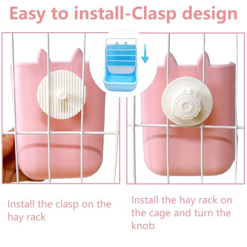 Hamiledyi 2PCS Rabbit Hay Feeders Rack 2 in 1 Feeder Bowls Double Bunny Feed Holder Grass Food Supplies for Chinchillas Guinea Pig Hamsters (Pink+Blue) - color: Blue&Pink