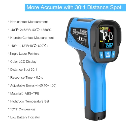 Infrared Thermometer Temperature Gun, Non-Contact High Temp Thermometer with Probe, 30:1 Laser Pyrometer with Color LCD for Cooking, Engine, Kiln, Forging, HVAC & Industrial, -40℉ to 2462℉ - color: Blue, size: IR07A -40℉~2462°F（-40℃~1350°C）