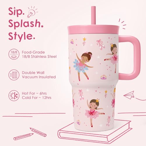SANDJEST Ballet Stainless Steel Tumbler 20oz with Handle and Silicone Straw Locking Lid for Kids Girls, Birthday Christmas Back to School - color: Ballerina
