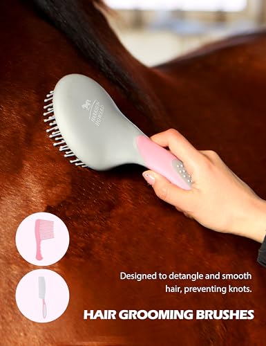 Harrison Howard Complete Horse Grooming Set, 11-Piece Advanced Daily Grooming Tools with Extra Brushes for Full Horse Care Pink Brushstroke Ponies - color: Pink