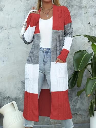 Womens Color Block Cardigan Sweater Long Duster Open Front Sweater in Chunky Cable Knit Plus Size Cardigan - color: 01-red, size: Small