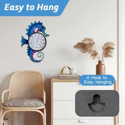 14" Seahorse Outdoor Thermometer No Need Battery | Indoor Wall-Mounted Thermometer, Easy to Read for Patio Garden Living Room Decor - color: Blue Seahorse