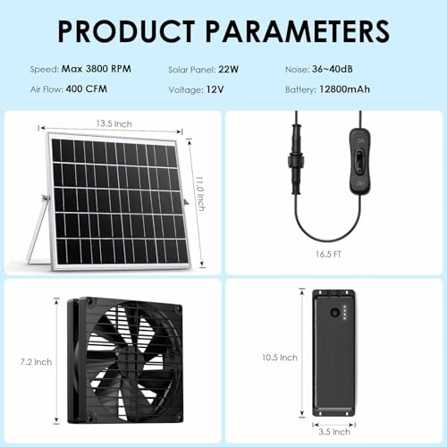 7 Inch Large Airflow Solar Fan with Battery Backup, 12800mAh Batteries IPX7 Waterproof 16.5 Ft On/Off Switch Cable Solar Powered Exhaust Vent Fan for Outside Greenhouse Chicken Coop Shed Trailer - size: 7" Fan Large Kit