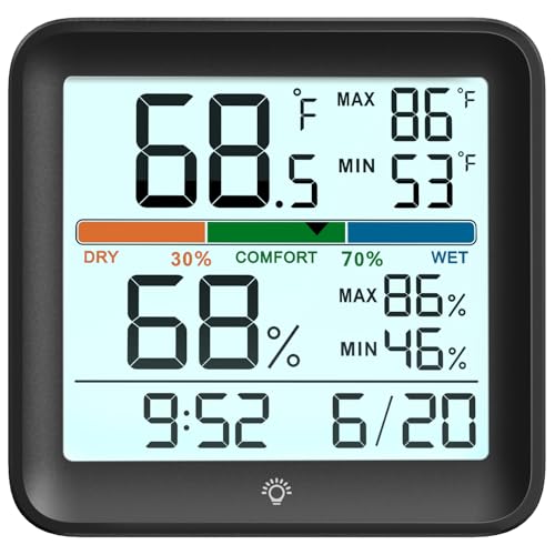 Indoor Digital Thermometer Hygrometer, Room Temperature Humidity Monitor | Accurate with Calibration, Backlight, Air Comfort Indicator, 24H Max Min Records, Time, Date (AAA Batteries Included) - color: Black