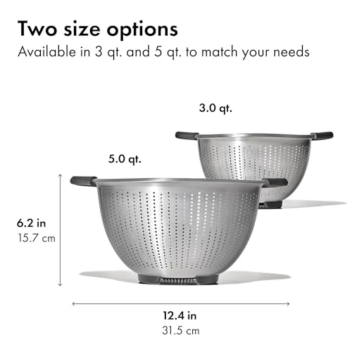 OXO Good Grips Strainer - 5 Qt Capacity, Stainless Steel | Colander, Nesting Design For Easy Storage, Non-Slip Handles, Drains Pasta And Vegetables, Dishwasher Safe - size: 5 Qt