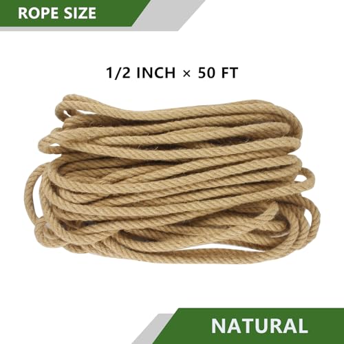 1/2 Inch x 50 Feet Natural Jute Rope, 13mm Jute Twine Hemp Rope, Twisted Manila Hemp Ropes for Craft Projects, Gardening, Indoor and Outdoor Use, Home Decorating, DIY - size: 1/2inch x 50feet