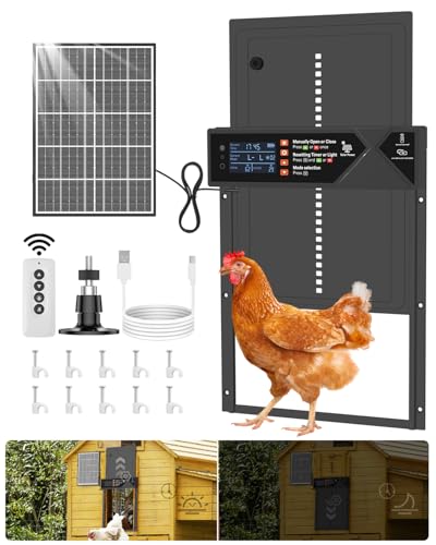 Large Automatic Chicken Coop Door Solar Powered 4000mAh High Capacity-Black | 7W Solar Chicken Coop Door with Timer & Light Sensor, Anti-Pinch Safety, Wire Clips & Remote Control, Aluminum Chicken Door - color: Black
