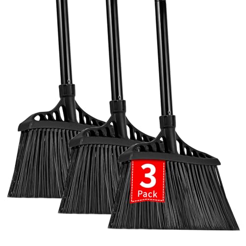 3-Pack Heavy Duty Broom, Commercial Broom with 55" Long Handle Outdoor Indoor, Industrial Brooms for Sweeping Garage Concrete Courtyard Patio Home Kitchen Office - All Black - color: Total Black