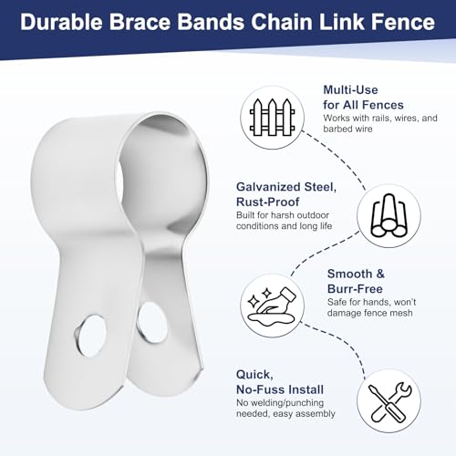 M METERXITY 12-Pack 1/2" Brace Bands Chain Link Fence Parts | Galvanized Steel Chain Link Brace Band with Bolts and Nuts for Fence, Gate, Posts, Rust-Resistant [Silver] - size: 1/2"