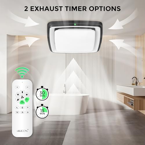 Akicon Bathroom Exhaust Fan with Light & Humidity Sensor, 110 CFM, 1.5 Sones RGB Exhaust Fan for Bathroom Ceiling, Dimmable Led Light & Nightlight Vent Fan for Shower Room, Home, Black, Square - color: Black
