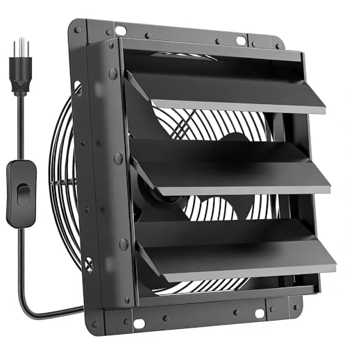 HG Power Upgraded 12 Inch Shutter Exhaust Fan, 764CFM High-Speed, 1400RPM Wall-Mounted Ventilation Fan for Shed, Garage, Greenhouse - with Mesh Screen, ON/OFF Switch & 8FT Power Cord, Black - size: 12 Inch Upgrade