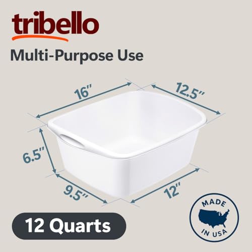 Tribello Plastic Wash Tub Dishpan Basin and Foot Bath for Soaking Feet, Laundry Hand Wash Bucket, Dish Pans for Washing and Storage Cleaning Supplies - 12 Quarts - Heavy Duty - Made in USA (White) - color: White