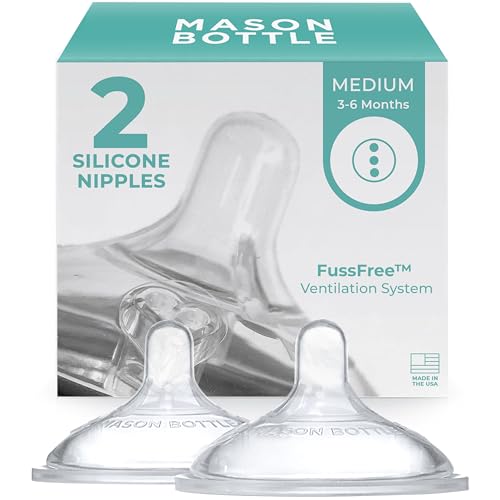 Mason Bottle Medium Flow Nipples (3–6 Months) – Silicone Baby Bottle Nipples, Fits Any Regular-Mouth Mason Jars – Wide Natural Shape, BPA-Free, Non-Toxic, Made in USA (2-Pack) | 3–6 Months Baby Bottle Anti-colic Silicone Nipples, Fits Any Regular Mouth Ma