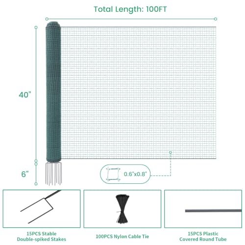 Non Electric Fence Netting 40" x100' Poultry Fence with Double Spiked Post | Portable Poultry Fence All-Purpose Fencing for Dogs, Chickens, Ducks, Turkeys Suitable in Backyard, Garden, Farm - size: 40in x 100ft