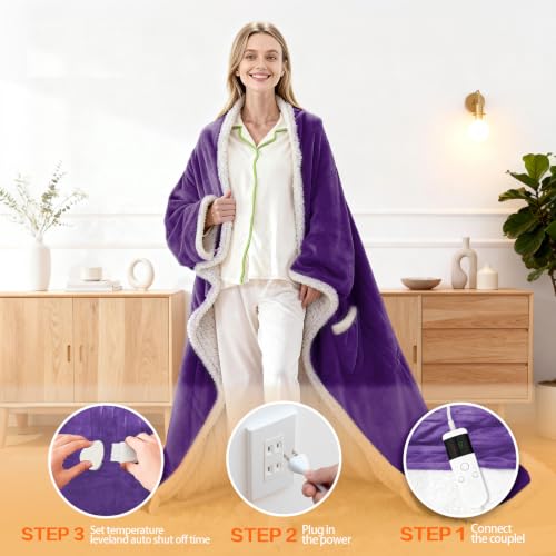 Wearable Heated Blanket With Sleeves & Foot Pocket, Heated Throw Blankets Fast Heating Blanket With 10 Heat Settings Auto Shut Off Over-Heat Protection-Warm Gift, Machine Washable, 52”*72”+18” - color: Purple