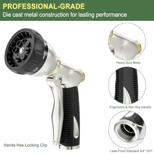 FANHAO Metal Garden Hose Nozzle Heavy Duty, 8 Spray Patterns, High Pressure | Rustproof Leak Proof, Comfortable Non-Slip Handle, Hands-Free Lock, Hose Sprayer Nozzle for Watering Plant, Car & Pet Washing - color: Black