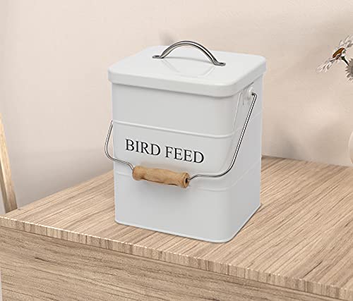 Morezi Bird Seed Storage Container Metal, 6 Lbs Airtight Bird Food Tin | Outdor Wild Bird Seed Container Canister w/ Scoop/Wooden Handle , Sturdy and Squirrel-proof, Keep Sunflower Seed Fresh - color: White