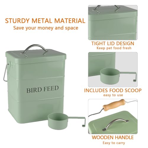 Morezi Bird Seed Storage Container Metal, 6 Lbs Airtight Bird Food Tin | Outdor Wild Bird Seed Container Canister w/ Scoop/Wooden Handle , Sturdy and Squirrel-proof, Keep Sunflower Seed Fresh-Green - color: Green