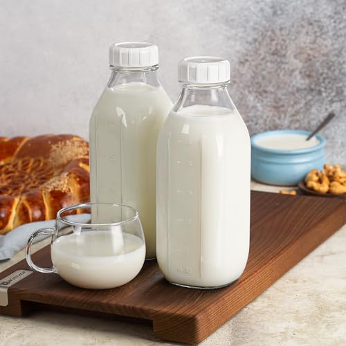 32 oz Glass Milk Bottles with Lid & Silicone Dispenser Cap, 2 Pack | Airtight Screw Lid, Leak-proof Design, Scale Markings for Breastmilk Storage, BPA-free Glass, Reusable, Fridge-safe