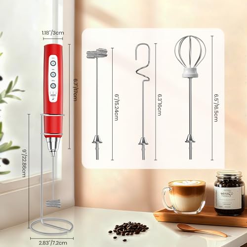 Colarlemo Milk Frother Handheld Rechargeable with Stand, Frother Wand Drink Mixer Electric Whisk for Coffee, Detachable With 3 Stainless Whisks, Hand Mixer for Lattes, Cappuccino, Matcha, Egg, Red - color: Red, style: with stand