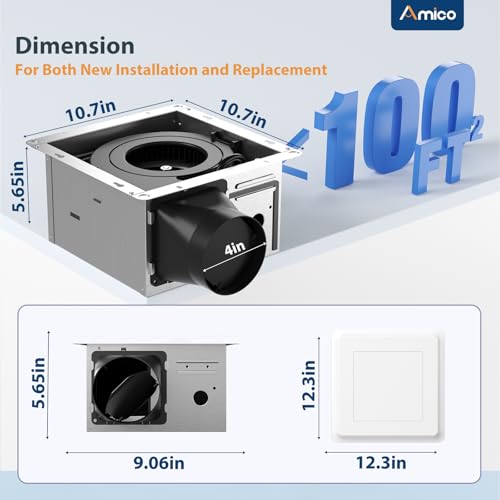 Amico Bathroom Exhaust Fan with Light, 110 CFM, 1.0 Sones, 5CCT, Easy Retrofit without Attic Access, Adjustable Bathroom Fan with light, Quiet Operation, ETL & FCC Certified | Easy Retrofit without Attic Access, Adjustable Bathroom Fan with light, Quiet O
