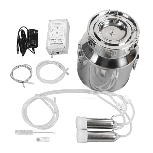 14L Electric Cow Milking Machine, Plug-in Pulsating Vacuum Pump Milker Cow Milker Machine with Stainless Steel Milk Bucket Silicone Tube 2 Teat Cups Milk Brush(US Plug)