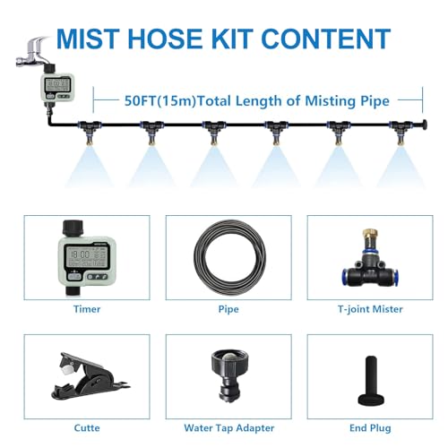 Misting Cooling System,Outside Misters + Timer for Outdoor Patio,80Ft|24M | Backyard Mist Hose Kits with Sprinkler Timer Yard,Lawn,Garden,Greenhouse,Fan,Umbrella,Canopy,Pool,Porch,BBQ Party Accessorie - size: 80FT-TMR