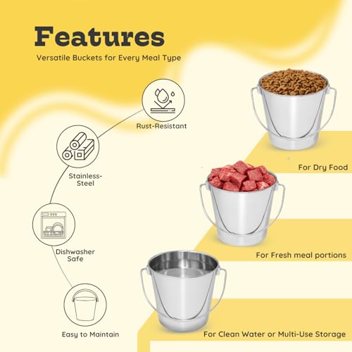 9Qt Round Stainless Steel Heavy Duty Dog Water Bucket, 2-Pack | Food & Water Pail, 2.25 Gallon Capacity, Heavy-Duty, Round Design with Carry Handle, Ideal for Dog, Cats, Goat & farm animals - size: 9 Quart (Pack of 2)