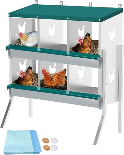 Chicken Nesting Box, 6 Compartments Nesting Box with 4 Fake Eggs & 10 Soft Nest Pads, Wall Mounting for Easy Egg Collection, Heavy Duty Galvanized Steel Rustproof Laying Box with Vented & Easy Clean - size: 6 compartment with Legs