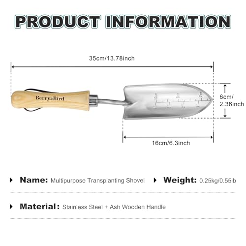 Berry&Bird Measuring Transplanting Trowel, 13.78" Stainless Steel Garden Shovel with Wood Handle - color: Measuring Transplanting Trowel, size: Small