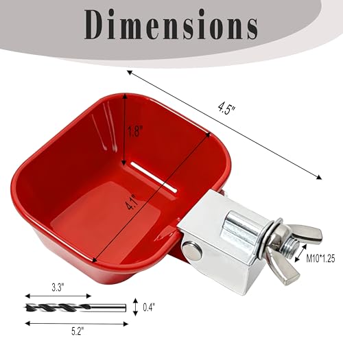 XCL Chicken Waterer Cups, Aluminum Alloy Chicken Waterer Feeder 4pcs Large, Tee Fittings Poultry Chicken Water, for Chicken, Duck, Goose, Turkey, Bunny, Bird, with Mounting Hole Opener (4, Red)