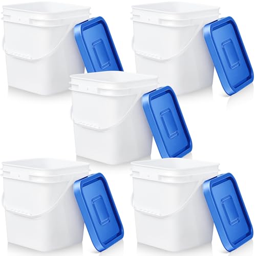 Mumufy 5 Pcs 3.5 Gallon Square Food Grade Bucket with Lid Square Bucket Pail Plastic Handles for Long Term Food Storage, Camping, Fishing, Home Organization Easy Stack and Store (Blue Lid) - color: Blue Lid
