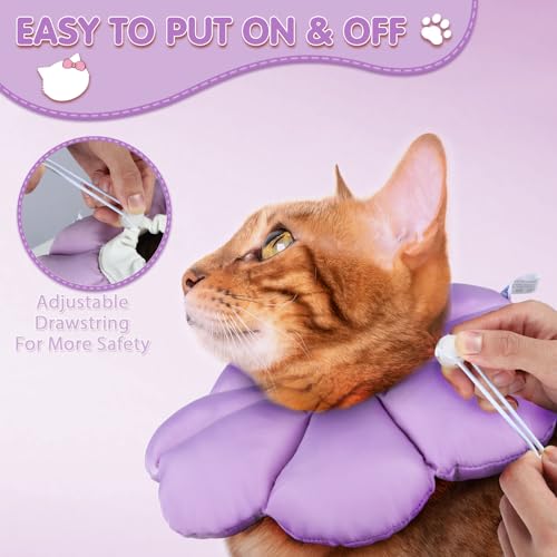 ANWA Waterproof Cat Cone Collar Soft, Cat Donut Collar After Surgery | Wavy Edges for Longer Protection, Waterproof Fabric, Adjustable Drawsting, Purple, Medium - color: Purple, size: Medium