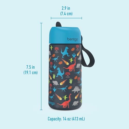 Bentgo Kids Stainless Steel Water Bottle, Leak-Proof, 14 oz, Bite & Sip | Vacuum Insulated, 18/8 Stainless Steel, 12-Hour Cold, Dishwasher Safe, BPA-Free (Dinosaur) - color: Dinosaur