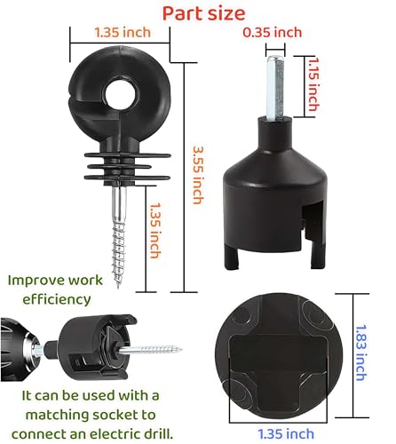 50 Pcs Black Electric Fence Insulator for Animal Husbandry Electronic | Screw-in Ring Design,1 Pcs Free Insulator Socket Tool, for Grid System Accessories Farm Livestock Wood Post Fencing