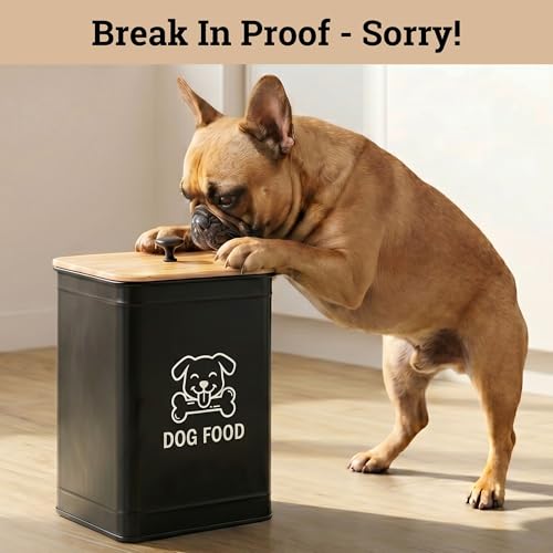 Metal Dog Food Container 5-7lb, 25 Cup w/ Airtight Bamboo Lid, Metal Handle | Pet Jar For Dogs up to 50lbs, Airtight Bamboo Lid, Sturdy Comfortable Metal Handle, Powder Coated Iron, Kibble Storage Bin - color: Black: Dog Face