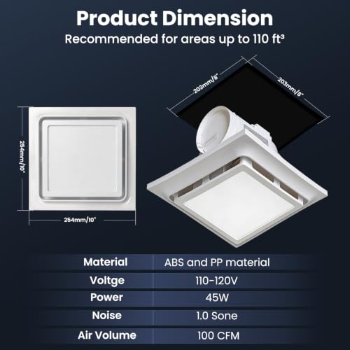 10" Bathroom Exhaust Fan with Dimmable Light, Easy Install, 100 CFM, 1.0 Sones Quiet Ceiling 8x8" Mount Vent Fan with 4" Duct, Household Extractor Fan Light Combo for Home Laundry Garage Gym Office - size: 100 CFM