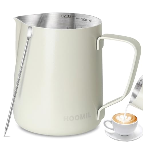 HOOMIL Milk Frothing Pitcher, 12oz/20oz/32oz 304 Stainless Steel | Steaming Pitcher with Clear Scale, Barista Milk Frother Cup Jug for Espresso Machine Coffee Cappuccino Latte Art - 32oz - color: Matte White, size: 32 Ounces