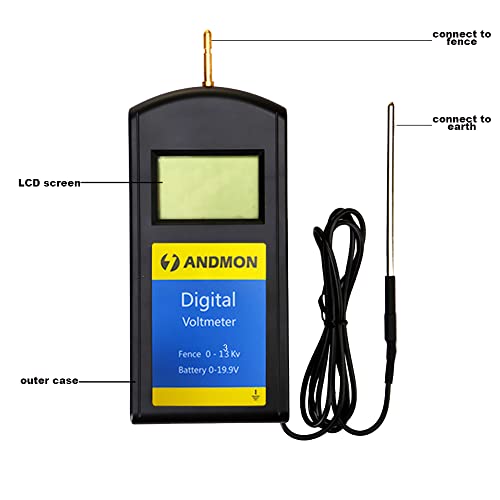Andmon Electric Fence Tester Battery Testing Digital Electric Fence Voltage Tester Testing Range 250 to19900V LCD Voltage Detector Gardening Tools