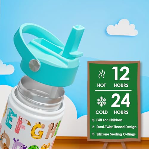 SANDJEST Alphabet Kids Water Bottle with Straw Lid 12oz Insulated Stainless Steel, Travel Tumbler, Animal Gifts for Boys Girls, Birthday, Christmas, Back to School - color: Animal 1