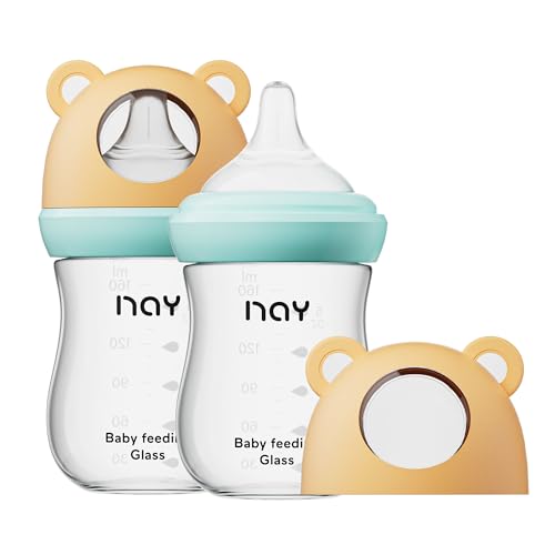 yanyoyo Natural Glass Baby Bottle for Breastfeeding Babies, 5.4oz Anti-Colic Baby Bottle with Natural Response Nipple(S), Clear, Wide Neck, 2 Pack, 1 Months+ - color: Yellow, size: 5.4 Ounce (Pack of 2)