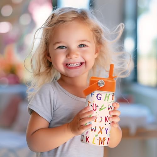 SANDJEST Kids Water Bottle with Straw Lid - 12 Oz Alphabet Insulated Stainless Steel Water Bottles for Kid Girl Boys - Travel Cup for School Sports - color: Alphabet