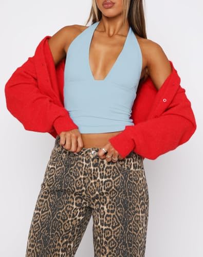 ForeFair Women Sexy Halter Deep V Neck Backless Crop Tank Top Open Back Sleeveless Slim Fit Y2k Summer Tops - color: Blue, size: X-Small