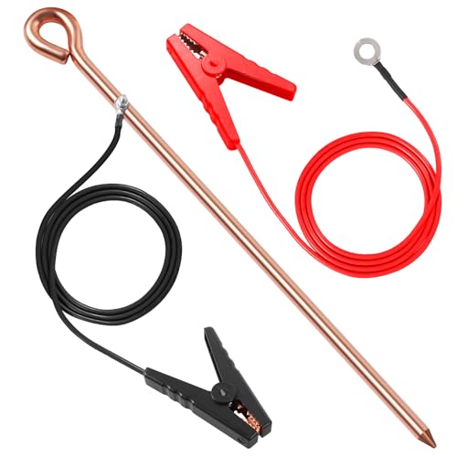 Electric Fence Lead Wire Connector with Grounding Rod, 18AWG 3Ft | Solid Copper Grounding Rod, Oval Easy-Drive Design, Compatible with Solar Fence Energizers & Chargers, Poultry Livestock Farm - style: 3FT(Wire+Grounding Rod)